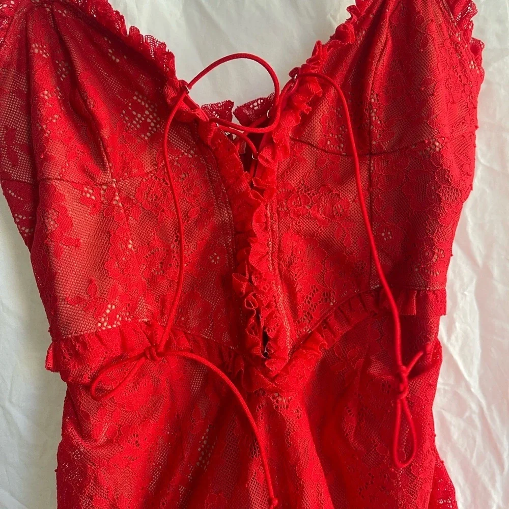 For Love And Lemons red gracie high low lace slip dress Size Small